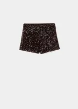 Short de tiro alto confeccionado en terciopelo con aplicación de lentejuelas brillantes. Presenta un diseño corto y cierre lateral con cremallera.