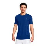 Remera deportiva Under Armour de manga corta, color azul con textura de rejilla. Presenta un diseño ergonómico con ventilación estratégica y construcción prácticamente sin costuras para mayor comodidad durante el entrenamiento.
