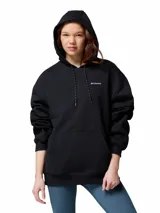 Buzo tipo canguro de la marca Columbia, color negro, con capucha ajustable mediante cordones, bolsillo frontal tipo canguro y puños y dobladillo acanalados. Presenta el logo de la marca bordado en el pecho.