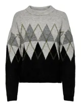 Sweater de tejido jacquard con diseño de rombos en tonos gris, negro y verde musgo. Presenta cuello redondo, mangas largas y puños acanalados.