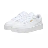 Championes Puma Runtamed Platform de color blanco, con diseño de plataforma, cierre de cordones y logo de la marca en dorado en el lateral.