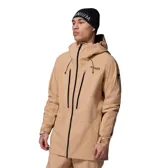 Campera técnica de esquí y snowboard color beige, con tecnología Omni-Tech impermeable y transpirable. Presenta capucha integrada compatible con casco, cierre frontal con revestimiento de PU, ventilación en axilas, bolsillos con cremallera en pecho y manos, y faldón antinieve.