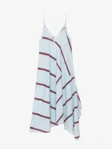 Vestido largo de viscosa con diseño asimétrico, tirantes finos, escote en V y estampado de líneas diagonales amarillas sobre fondo rosado.