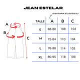 Jean de mezclilla celeste con apliques de estrellas bordadas en los laterales de las piernas. El corte es ancho y holgado, con elástico en la parte trasera de la cintura.