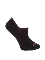 Medias invisibles Hush Puppies de color negro, confeccionadas en mezcla de algodón y spandex, con detalle de logo bordado en tono rosado sobre la puntera.