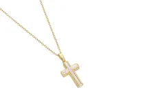 Collar dorado con dije de cruz con borde dorado y centro de nácar.