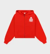 Campera hoodie roja con cierre frontal, bolsillos tipo canguro y logo estampado en el pecho.