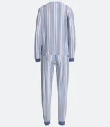 Pijama largo de dos piezas con estampado de rayas verticales en tonos azul, blanco y rosa. La blusa es de manga larga con cuello redondo y puños ajustados en ribana azul. El pantalón es largo, con cintura elástica y puños ajustados en ribana azul.