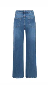 Pantalón de jean corte wide leg con tiro alto, confeccionado en denim azul. Presenta un diseño bordado vertical con líneas oscuras y detalles en hilo claro que recorren el frente de las piernas.