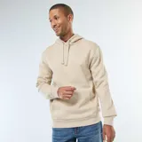 Buzo con capucha color beige, de corte clásico y con bolsillo tipo canguro.