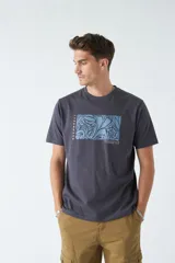 Remera de hombre color gris oscuro, manga corta y escote redondo, con un estampado rectangular frontal de motivos vegetales en tonos azules.