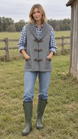 Chaleco de lana merino color gris, sin mangas, con cuello chal tejido en rib, bolsillos frontales applicados con ribete de cuero y cierre de botones tipo duffle con presillas de cuero.
