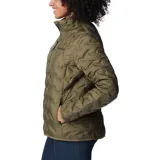 Campera puffer Columbia modelo Delta Ridge II, color verde oliva. Presenta construcción térmica sin costuras HeatSeal, cierre frontal completo, cuello alto con protector de barbilla y bolsillos laterales con cierre. Incluye tecnología Omni-Heat reflectante y aislamiento de plumón.