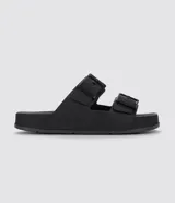 Ojotas slide de PVC color negro, con doble tira ancha ajustable con hebillas y plantilla anatómica.