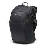 Mochila técnica Columbia de 30 litros, color negro, diseñada para senderismo y actividades al aire libre. Cuenta con respaldo de malla transpirable, estructura de acero elástico, sistema de compresión lateral, bolsillos laterales para botellas, compatibilidad con sistema de hidratación y bolsillos organizadores.