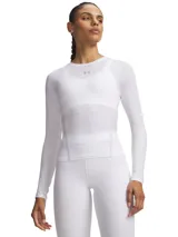 Remera térmica de manga larga Under Armour HeatGear Elite LS, de color blanco, con cuello redondo y diseño ajustado de compresión.