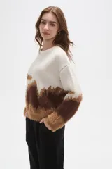 Sweater de punto con diseño de bloques de color en tonos crema, marrón oscuro y caramelo. Presenta una textura afelpada, cuello redondo a la base, mangas largas y corte holgado.
