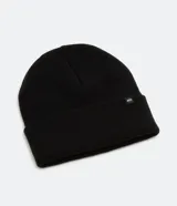 Gorro de lana acrílica con diseño tejido, borde plegado y etiqueta rectangular con logo aplicado en el frente.