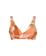 Top de bikini estampado con diseño abstracto en tonos naranja, rosa, marrón y beige.