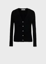 Cardigan negro de tejido de punto en canalé, con cuello en V, manga larga y cierre frontal con botones.
