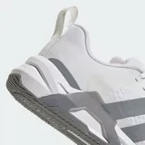 Championes de entrenamiento Adidas Dropset Control, color blanco con detalles en gris. Diseñados para levantamiento de pesas, cuentan con exterior de malla transpirable, mediasuela estable REPETITOR y sistema de torsión de TPU en el mediopié para mayor sujeción.