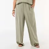 Pantalón ancho de lino mezclado color verde claro, de corte holgado y tiro con elástico.