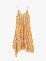 Vestido largo de viscosa con diseño asimétrico, tirantes finos, escote en V y estampado de líneas diagonales amarillas sobre fondo rosado.