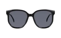 Lentes de sol con armazón de acetato negro y cristales oscuros, de diseño clásico y redondeado.