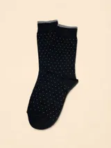 Par de medias de algodón color negro con estampado de pequeños puntos grises y borde superior en tono gris.