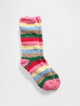 Medias de textura suave y afelpada con diseño de rayas horizontales multicolores en tonos rosa, amarillo, celeste, marrón y verde.