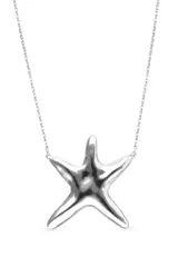 Collar largo de aleación de metales con baño de plata, compuesto por una cadena fina y un dije central con forma de estrella de mar de diseño liso y pulido.
