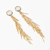 Par de caravanas colgantes de estilo Gatsby, compuestas por una argolla superior y múltiples cadenas finas texturizadas que cuelgan en cascada, creando un efecto de flecos metálicos.