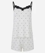 Conjunto de pijama compuesto por una musculosa de breteles finos ajustables con detalle de encaje negro en el escote y un short con cintura elástica. Ambas prendas presentan un estampado de lunares negros sobre fondo blanco.