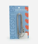 Correa para celular tipo cordón de metal dorado con diseño de cadena serpiente, equipada con mosquetones tipo langosta en los extremos y soporte plástico para sujeción al dispositivo.