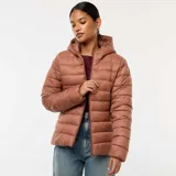 Campera puffer color marrón con capucha, cierre frontal con cremallera y bolsillos laterales.