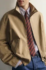Cazadora regular fit de la colección Aaron Levine x ZARA, confeccionada en tejido con mezcla de algodón con patrón de cuadros pequeños en tonos beige y marrón. Cuenta con cuello subido, manga larga con puño ajustable con botón a presión, bolsillos de vivo en la cadera, bajo ajustable con elástico en los laterales y cierre frontal con cremallera.