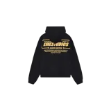 Hoodie oversize de color negro con capucha y bolsillo tipo canguro. Presenta un estampado gráfico en la espalda con textos en tonos amarillos.