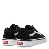 Championes Vans modelo Old Skool, de diseño clásico urbano. Presentan una combinación de lona y gamuza en color negro, con la icónica banda lateral blanca en contraste. Cuentan con suela de goma tipo waffle, punteras reforzadas y cuello acolchado para mayor comodidad.