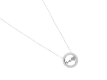 Collar plateado con dije circular con circonias y diseño de onda de sonido en el centro.