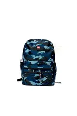 Mochila Ecko con estampado camuflado en tonos azules y negros, múltiples compartimentos con cierre y bolsillos laterales de red.