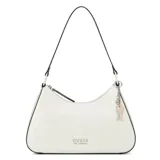 Cartera Guess modelo Layla de diseño tipo hobo en color blanco, confeccionada en material sintético con detalles y bordes en negro. Cuenta con cierre superior, una manija de hombro y dijes colgantes decorativos con forma de llaves.