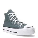 Championes Converse Chuck Taylor All Star Lift con diseño de plataforma, confeccionados en lona color verde petróleo. Presentan puntera de goma blanca, cordones al tono y suela de plataforma con franjas negras características.