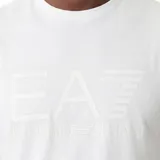 Remera negra de manga corta con cuello redondo. Presenta el logo de EA7 Emporio Armani en blanco en el pecho, con el texto 'EMPORIO ARMANI' debajo.