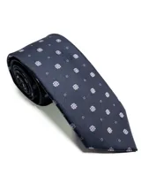 Corbata de seda azul marino con estampado paisley en tonos rosados y blancos.