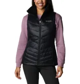 Chaleco puffer negro Columbia modelo Joy Peak II Vest, con diseño acolchado, cierre frontal completo y cuello alto forrado de vellón.