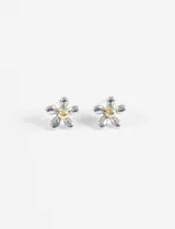 Aros tipo stud con diseño de flor, con pétalos en tono plateado y centro en tono dorado.