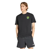 Remera de algodón color negro, con cuello redondo y manga corta. Presenta un estampado gráfico circular en el pecho con el logo de Adidas en colores verde y amarillo.