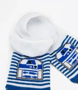 Par de medias invisibles blancas con rayas horizontales azules y estampado de R2-D2.