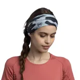 Cuello multifuncional Buff Coolnet Uv con estampado abstracto en tonos blanco, negro y celeste.