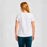 Remera blanca de algodón para mujer, con logo CAT metálico estampado en el pecho y etiqueta con el logo en el dobladillo.